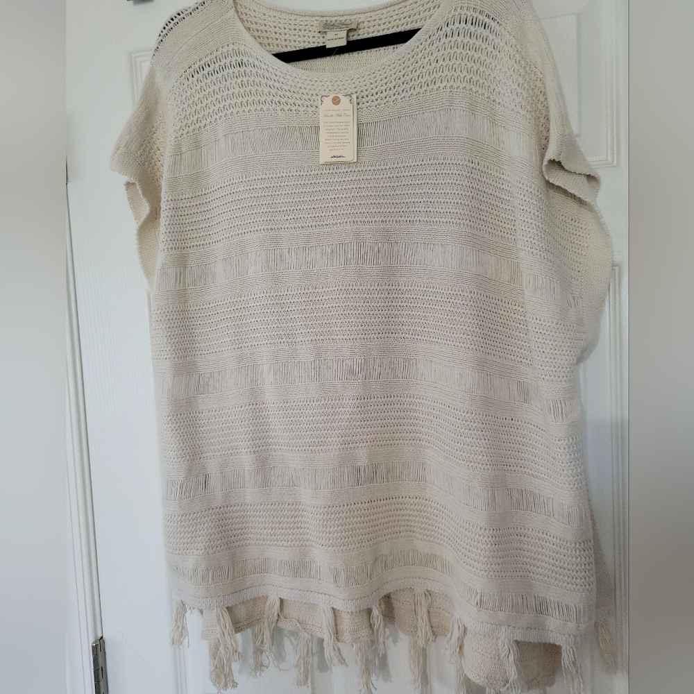 Lucky Brand Loose Knit Natural White Boxy Pullover Poncho Boho Sweater Medium - Picture 1 of 4